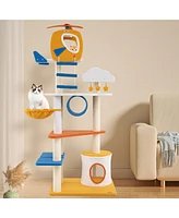 Gymax 70'' Tall Aviation-themed Cat Tree w/ Helicopter Top Perch Platforms Basket Bed