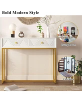 Lovmor Modern Sleek Console Table Two Drawers with Stripe Design for Living Room and Entryway