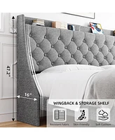 gaomon Upholstered Bed Frame - King Size, Usb Ports, Wingback Headboard, Storage Shelf, and Charging Station