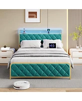 gaomon King Bed Frame with Velvet Storage Headboard, Heavy Duty Steel Slats Support Metal Platform Bed Frame w/Charging Station & Led, App Remote Cont