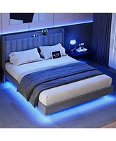 gaomon Queen Size Floating Bed Frame with Led Lights, Upholstered Platform Bed Frame with Charging Station & Storage Headboard, No Box Spring Needed