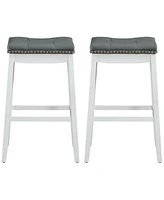 Gymax Set of 2 Nailhead Saddle Bar Stools 29'' Pub Chairs with Rubber Wood Legs