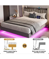 gaomon Full Size Floating Bed Frame with Led Lights, Upholstered Platform Bed Frame with Charging Station & Storage Headboard, No Box Spring Needed