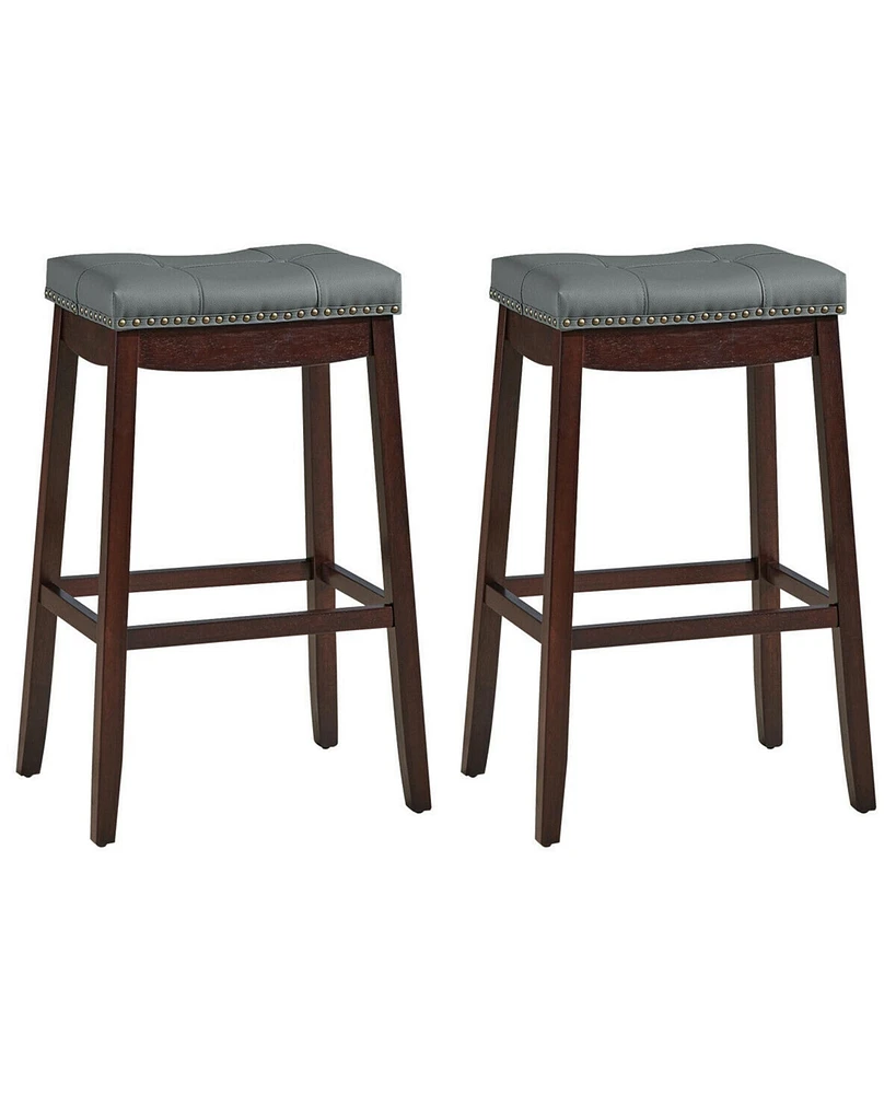 Gymax Set of 2 Nailhead Saddle Bar Stools 29'' Pub Chairs with Rubber Wood Legs