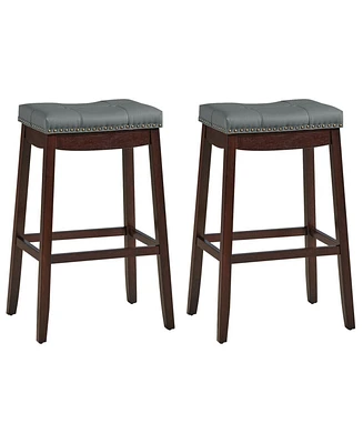 Gymax Set of 2 Nailhead Saddle Bar Stools 29'' Pub Chairs with Rubber Wood Legs