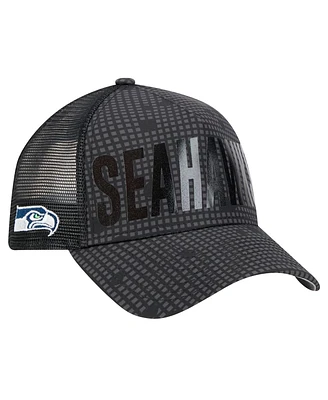 New Era Men's Black Seattle Seahawks Midnight Ink Tonal Text A-Frame Trucker 9FORTY Adjustable Hat