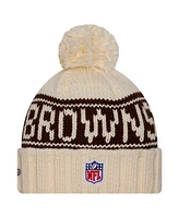 New Era Women's Cream Cleveland Browns 2024 Sideline Cuffed Knit Hat with Pom