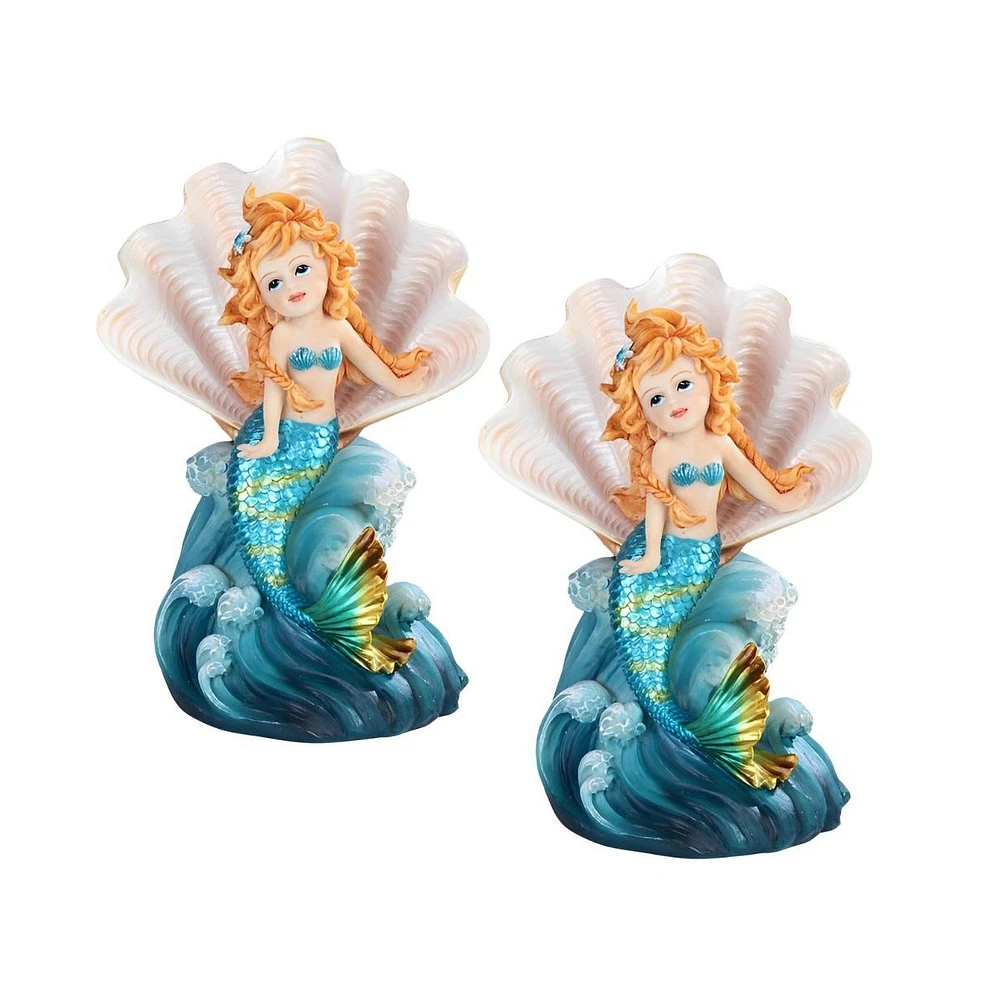 Fc Design "2-pc Set" 7"H Blue Tailed Youth Mermaid Girl Sitting in Ocean Shell Mergirl Figurine Statue Ornament Home Room Office Decor and Perfect Ide