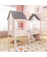 Gouun Twin Size Kids House Bed Low Loft Bed Frame with Roof