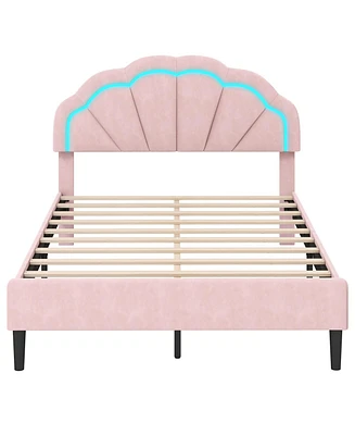 Gouun Upholstered Led Bed Frame with Adjustable Flower Headboard and Metal Support Feet-Full Size