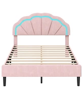 Gouun Upholstered Led Bed Frame with Adjustable Flower Headboard and Metal Support Feet-Full Size