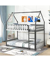 Gouun Twin Over Twin Bunk Bed with Fence and Ladder for Kids