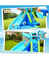 Costway Inflatable Kids Hippo Bounce House Slide Climbing Wall Splash Pool w/740W Blower