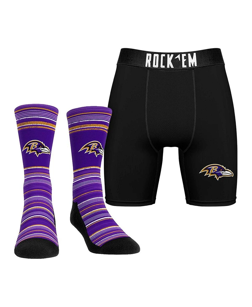 Rock 'Em Men's Baltimore Ravens Primary Crew Socks Boxer Briefs Combo Pack