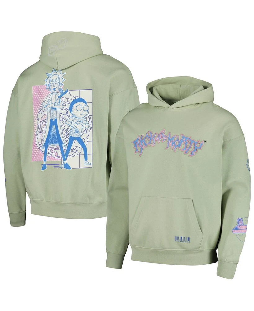 Freeze Max Men's Light Green Rick And Morty '90s Rave Dropped Shoulder Pullover Hoodie