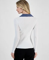T Tahari Women's Contrast Collared Ribbed Knit Sweater