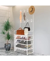 Slickblue 5-Tier Dustproof Entryway Hall Tree with Coat Rack, Shoe Rack, and 8 Removable Hooks for Organized Storage