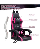 Dyhome Cute Gaming Chair with Cat Paw Lumbar Cushion and Ears, Ergonomic Computer Chair,Reclining Pc Game for Girl