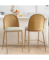 Maison Boucle 26 Inch Rattan Counter Stool Set Of 2,Linen Upholstered Counter Stool-Maison Boucle