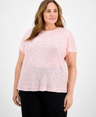 Anne Klein Plus Sequin-Embellished Short-Sleeve Top