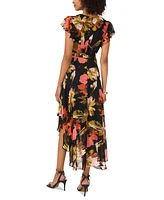 Vince Camuto Women's Printed V-Neck Flutter-Sleeve Asymmetrical-Hem Midi Dress