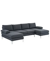 Slickblue U-Shaped 4-Seat Linen Sofa with Wooden Frame and Back for Comfortable Living Room Seating