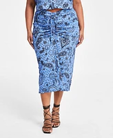 Nina Parker Plus Textured Paisley-Print Drawstring-Ruched Skirt