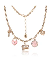 Juicy Couture Gold-Tone Charm Necklace with Pink Enamel Accents and Crystal Details