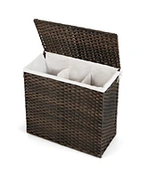 Costway 110L 3-Section Laundry Hamper w/Lid&Handle Pe Rattan Clothes Hamper w/Liner Bag