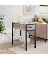 gaomon End Table with Usb Ports and Outlets, Flip Top Side Table Narrow Bedside Table with Drawer and Storage Shelves for Living Room, Rustic Grey