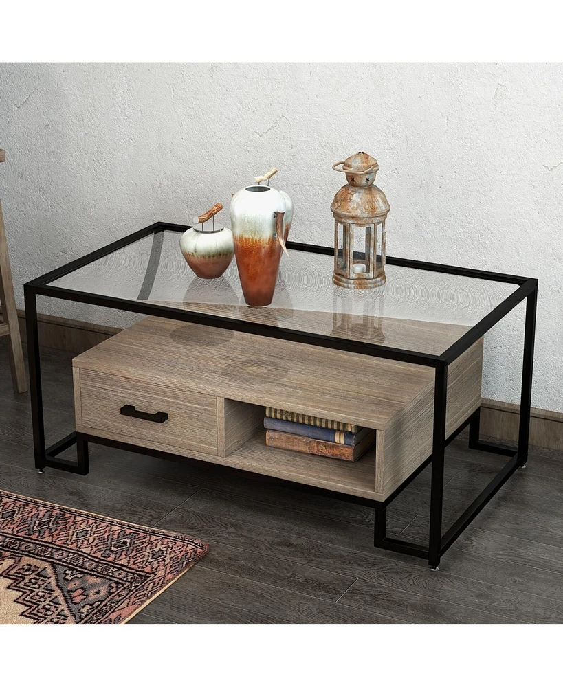 gaomon Coffee Table Tempered Glass Top, Rectangle Center Table with Drawers and Storage Shelf, Industrial Glass Top Accent Table for Home Living Room,