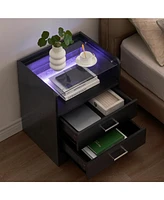 gaomon Night Stand with 2 Drawers, Smart End Side Table with Led Lights and Glass Top, Modern Bedside Table with Open Storage for Bedroom Living Room