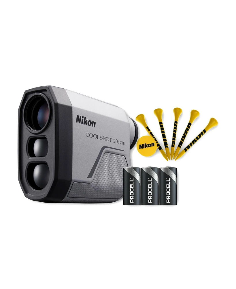 Nikon CoolShot 20i Giii 6x20 Golf Laser Rangefinder with 5 Hardwood Construction Golf Tees and Ball Marker and Three CR2 batteries bundle