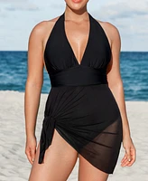 Cupshe Plus Tummy Control Halter Mesh Skirt Tie Swim Dress