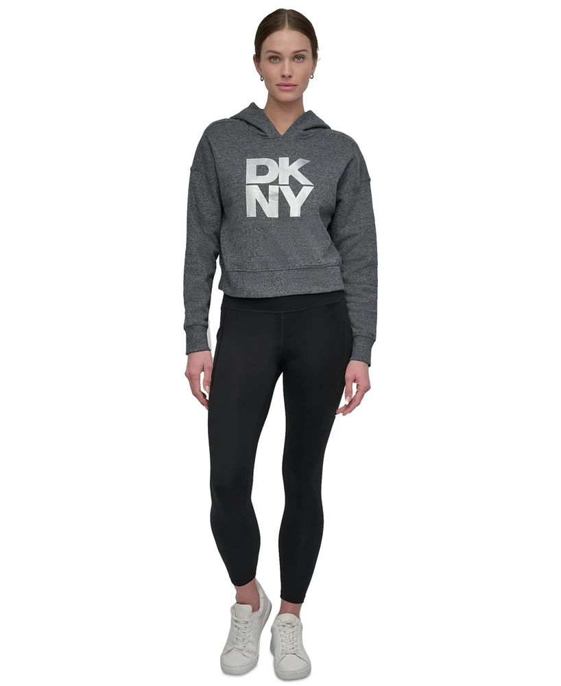 Dkny Women's Active Stacked Metallic-Logo Hooded Top