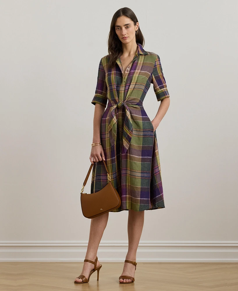 Lauren Ralph Women's Plaid Tie-Front Linen Shirtdress