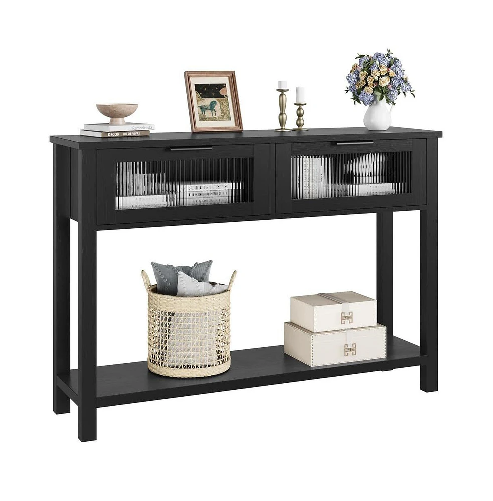 gaomon 43'' Narrow Console Table with Glass Drawers 2 Tier Sofa Table Entryway Table w/Storage Wood Console Table Side Table