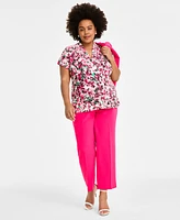 Kasper Plus Printed V-Neck Cap-Sleeve Blouse