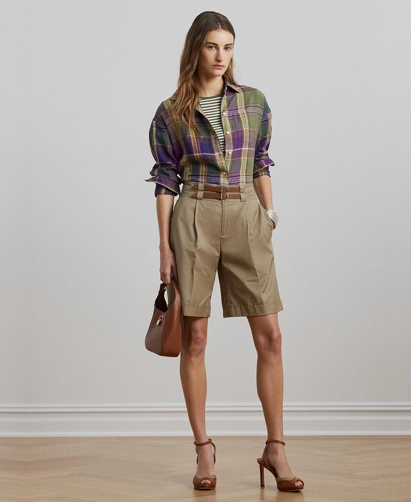 Lauren Ralph Women's Buckle-Trim Pleated Cotton Twill Shorts