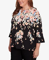 Alfred Dunner Plus Classic Falling Flower Beaded Split Neck Top