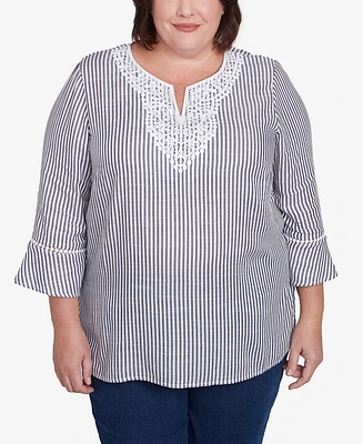 Alfred Dunner Plus Classic Embroidered Split Neck Striped Top