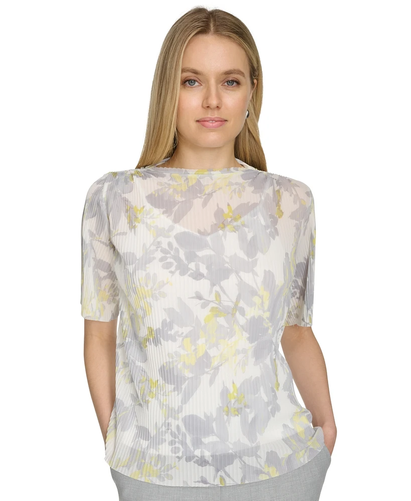 Calvin Klein Petite Printed Mock Neck Short-Sleeve Top