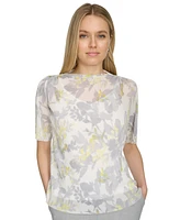 Calvin Klein Petite Printed Mock Neck Short-Sleeve Top