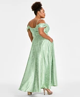 B Darlin Trendy Plus Off-The-Shoulder Satin Jacquard Gown