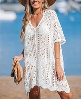 Cupshe Women's White Crochet V-Neck Cover-Up Mini Beach Dress