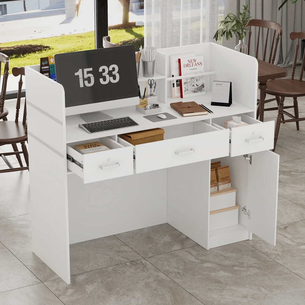 Computer Desk with Drawers, White Office Desk with Storage Cabinet, Study Writing Table for Home Office, Bedroom