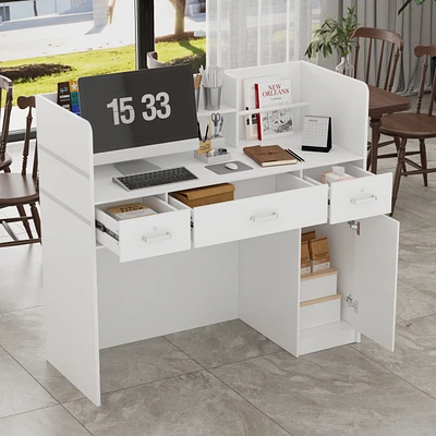 Computer Desk with Drawers, White Office Desk with Storage Cabinet, Study Writing Table for Home Office, Bedroom