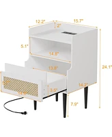 gaomon Nightstand Set of 2, Rattan End Table with Charging Station, 2 Open Shelves Beside Table with Drawer and Solid Legs