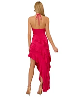 Adrianna by Papell Women's Halter-Neck Ruffled Satin High-Low Gown