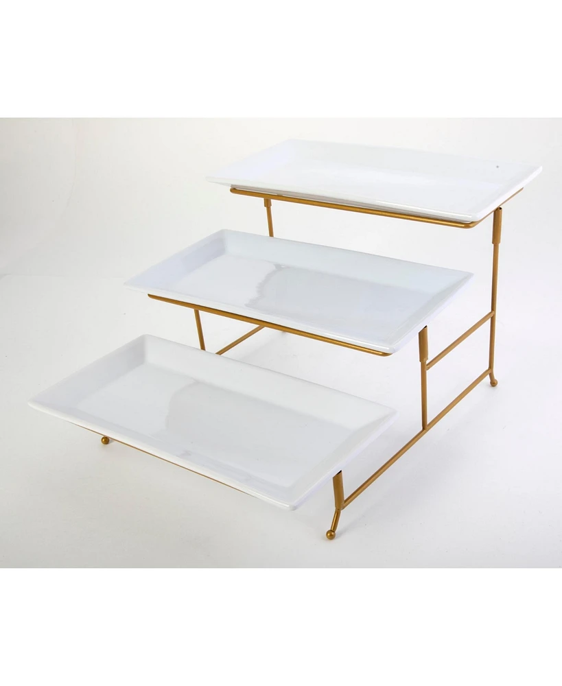 Gibson Home Gracious Dining Dinnerware, 3-Tier Rectangle Plate Serving Set with Gold Metal Stand, White